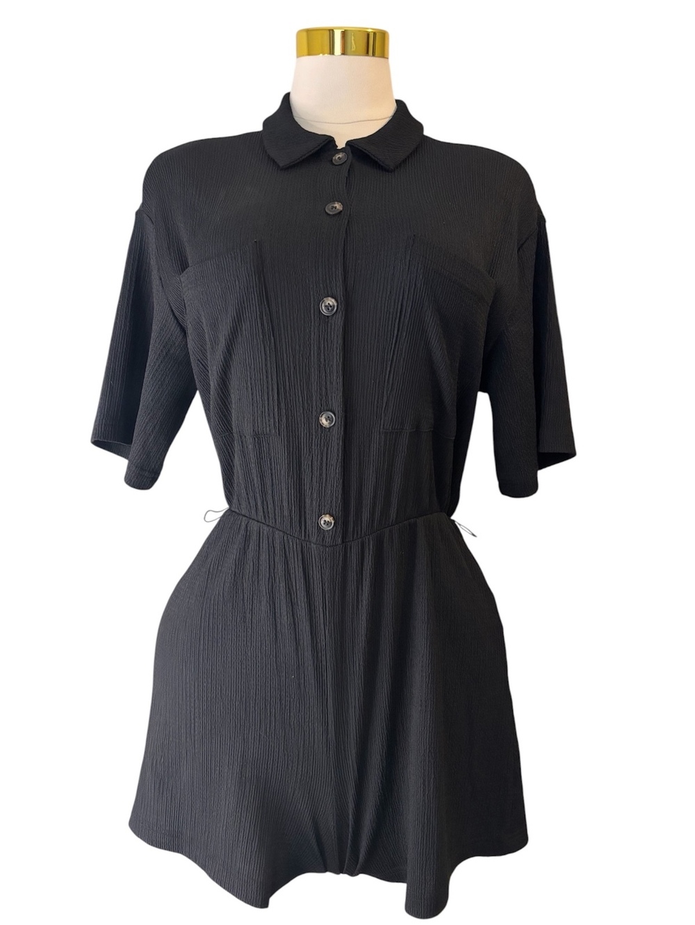 H&M Size M Black Textured Short Sleeve Button Up Collared Shirt Dress Women